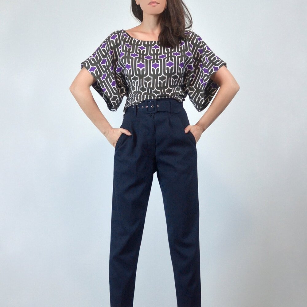 Patterned Kimono Sleeve Blouse, Purple and Taupe Tie Waist Top, sz S (AUS 8)